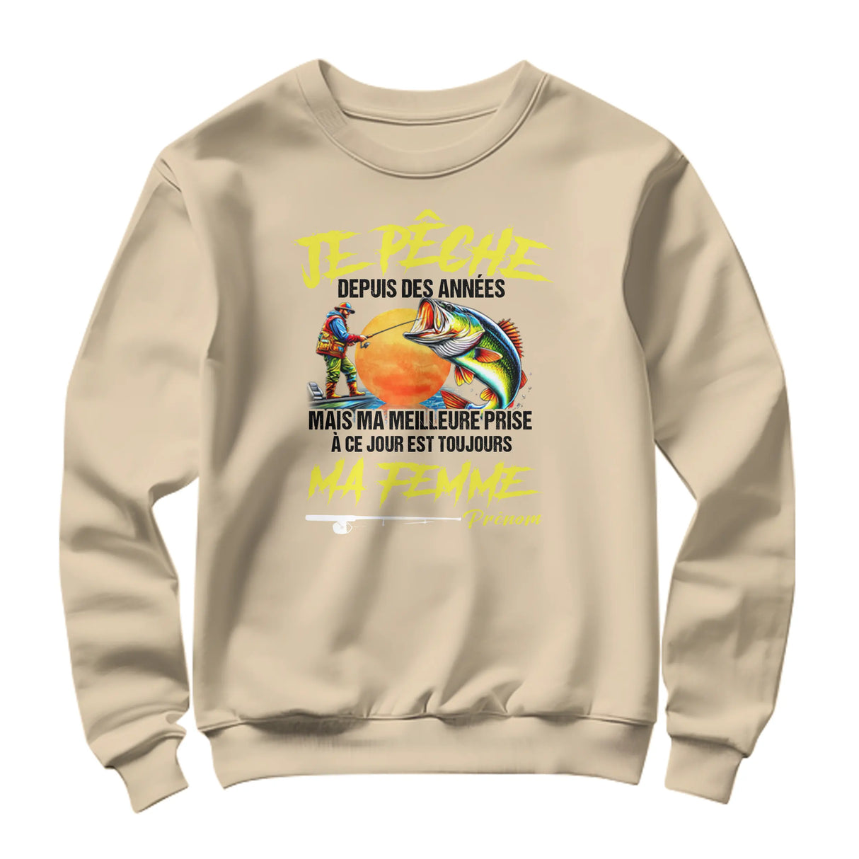 Sweat-shirt pêcheur humour beige naturel avec design poisson multicolore et inscription Ma Femme