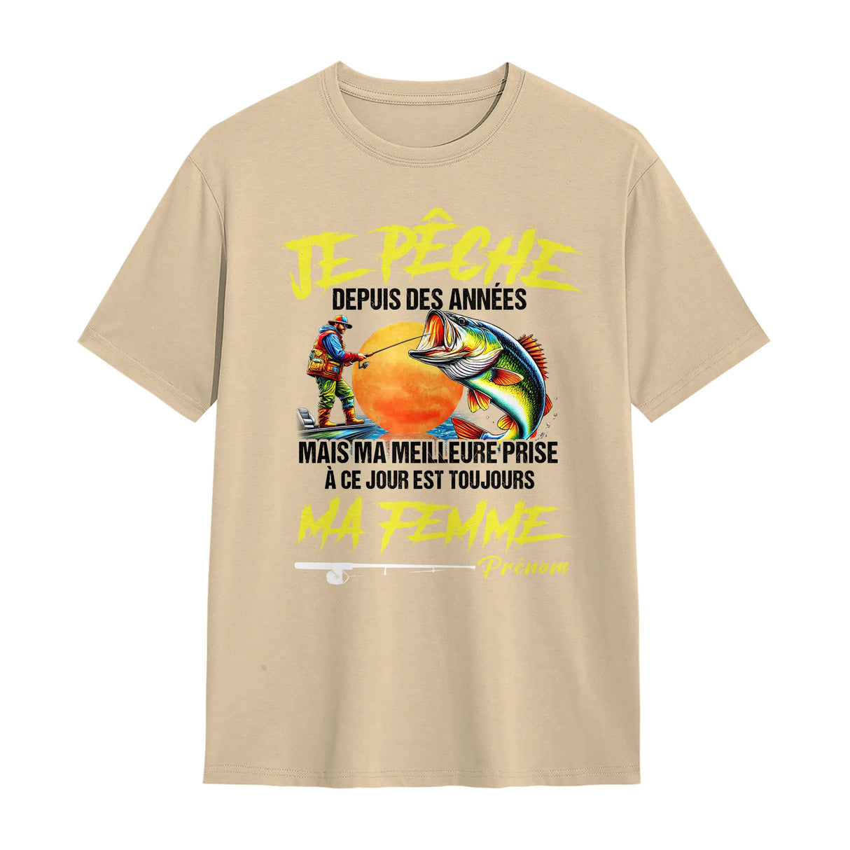 T-shirt pêcheur humour beige naturel avec design poisson coloré et personnalisation prénom femme