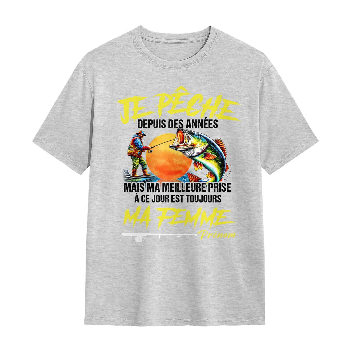 T-shirt pêcheur humour gris chiné avec slogan meilleure prise et poisson multicolore brodé