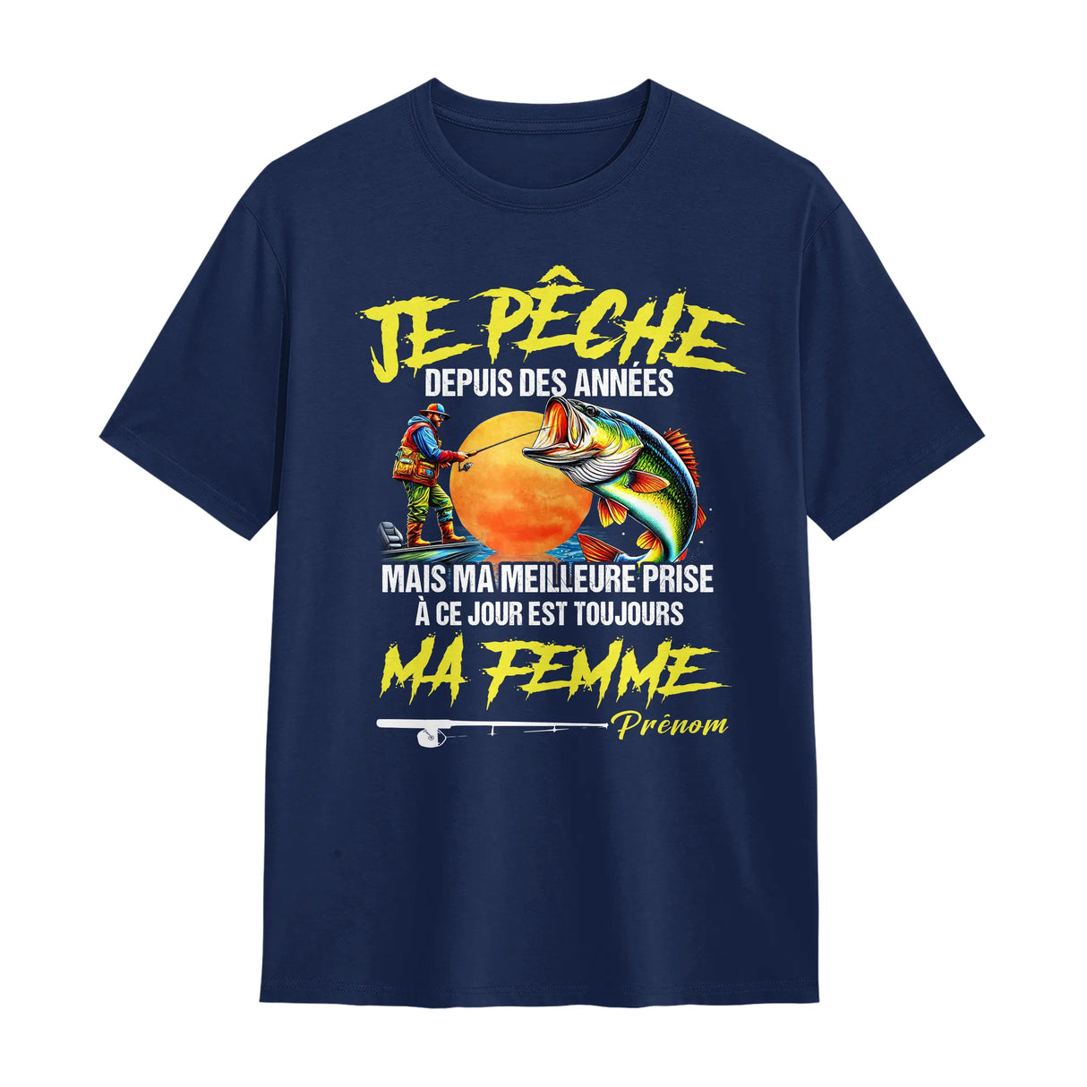 T-shirt pêcheur humour bleu marine avec design poisson stylisé et inscription Ma Femme personnalisable