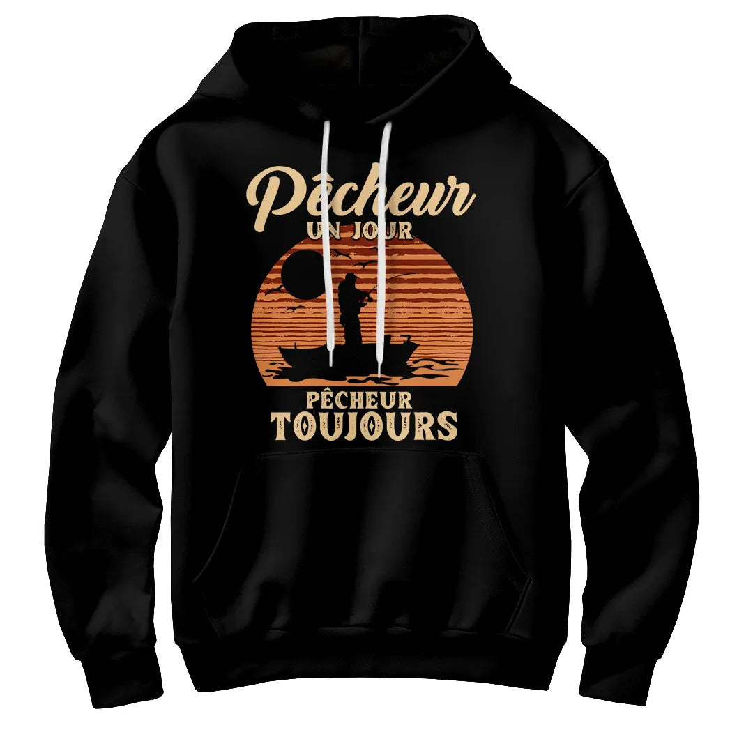 Sweat à capuche pêcheur vintage noir avec design soleil couchant et silhouette pêche rétro