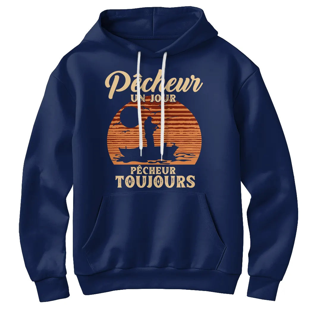 Sweat à capuche pêcheur vintage bleu marine avec design soleil orange et silhouette pêcheur