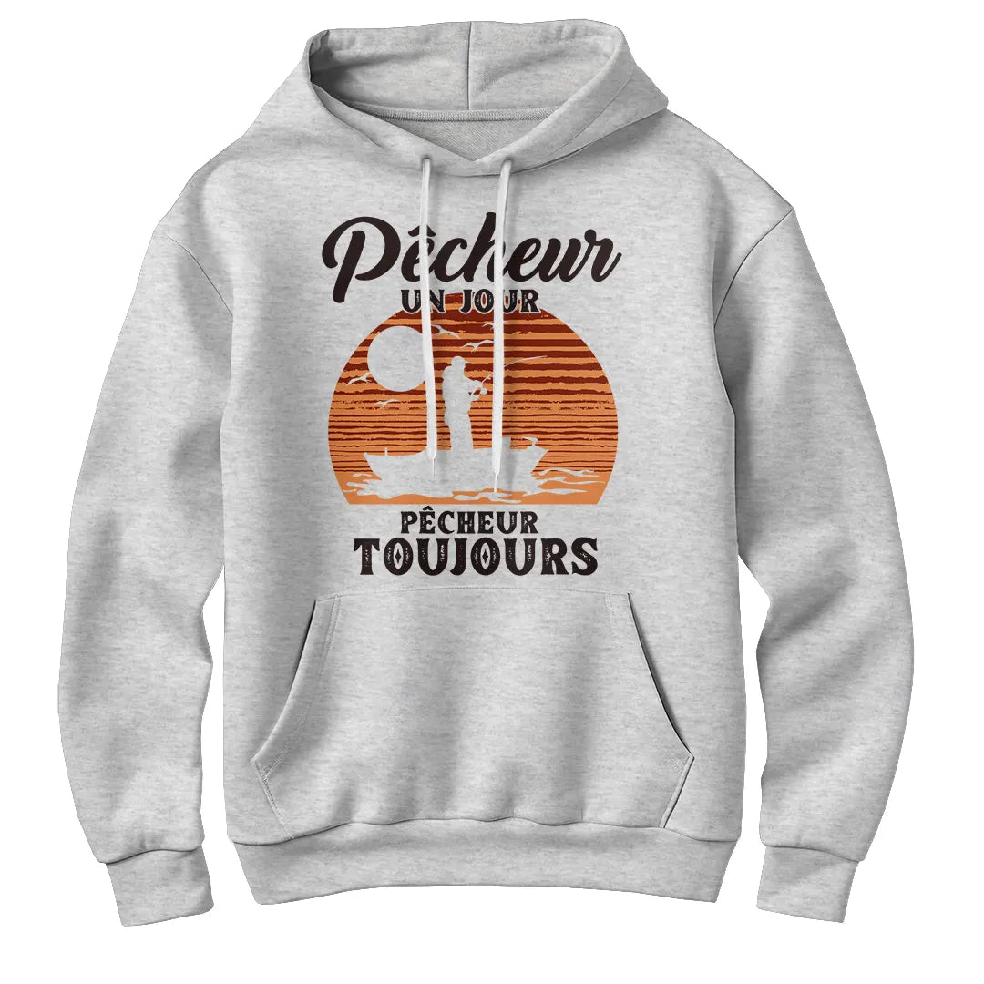 Sweat à capuche pêcheur vintage gris chiné avec slogan Pêcheur Toujours et silhouette barque