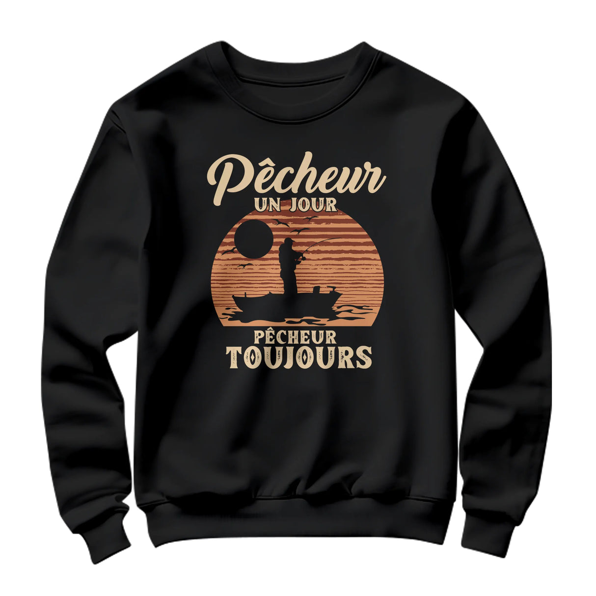 Sweat-shirt pêcheur vintage noir avec design silhouette pêcheur barque et soleil orange dégradé