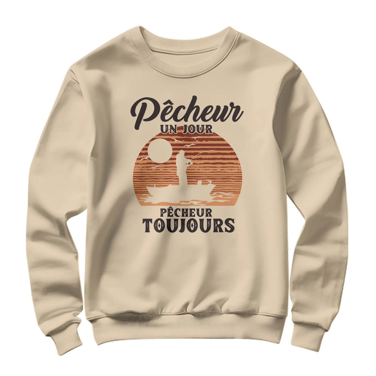 Sweat-shirt pêcheur vintage beige naturel avec slogan Pêcheur Un Jour et silhouette barque