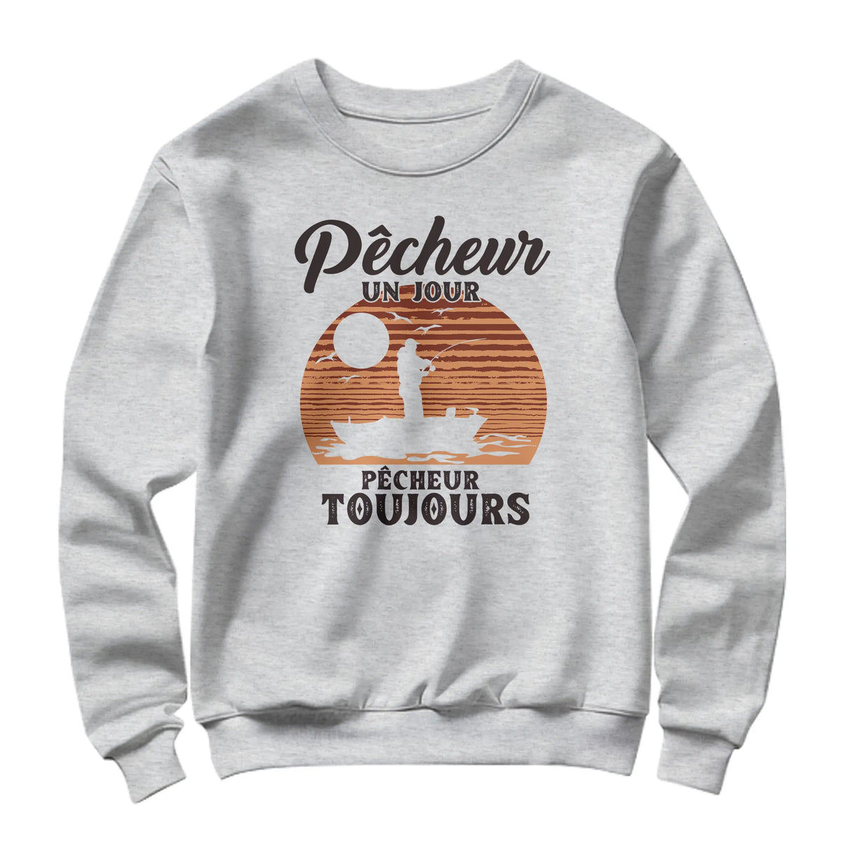 Sweat-shirt pêcheur vintage gris chiné avec slogan rétro Pêcheur Un Jour Toujours et soleil