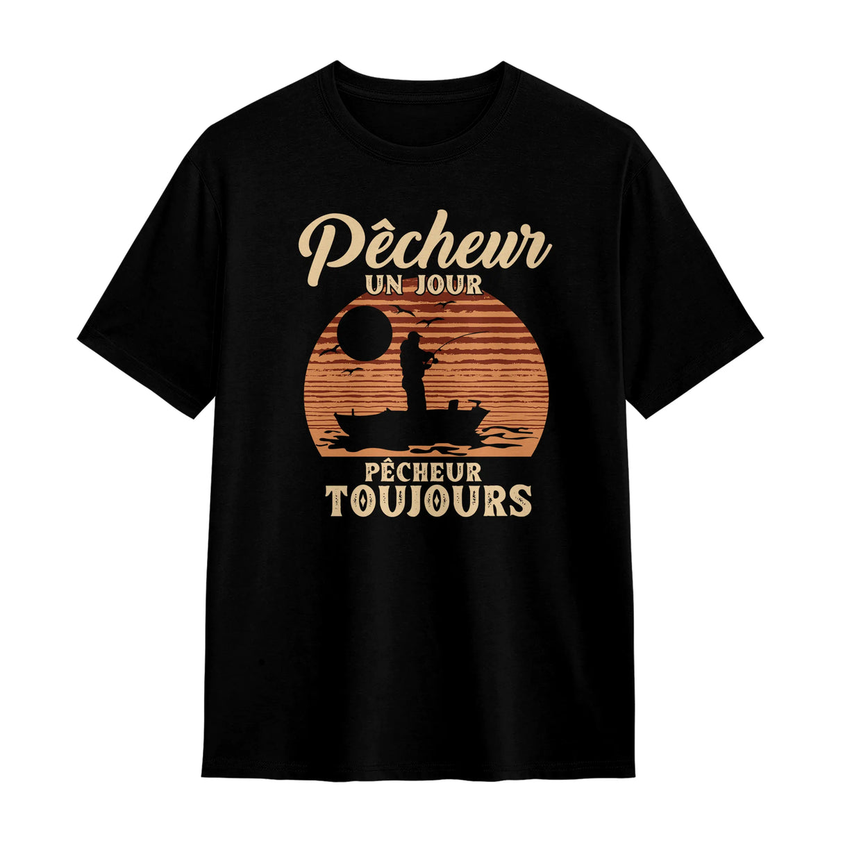 T-shirt pêcheur vintage noir avec design soleil dégradé et silhouette pêcheur ligne tendue
