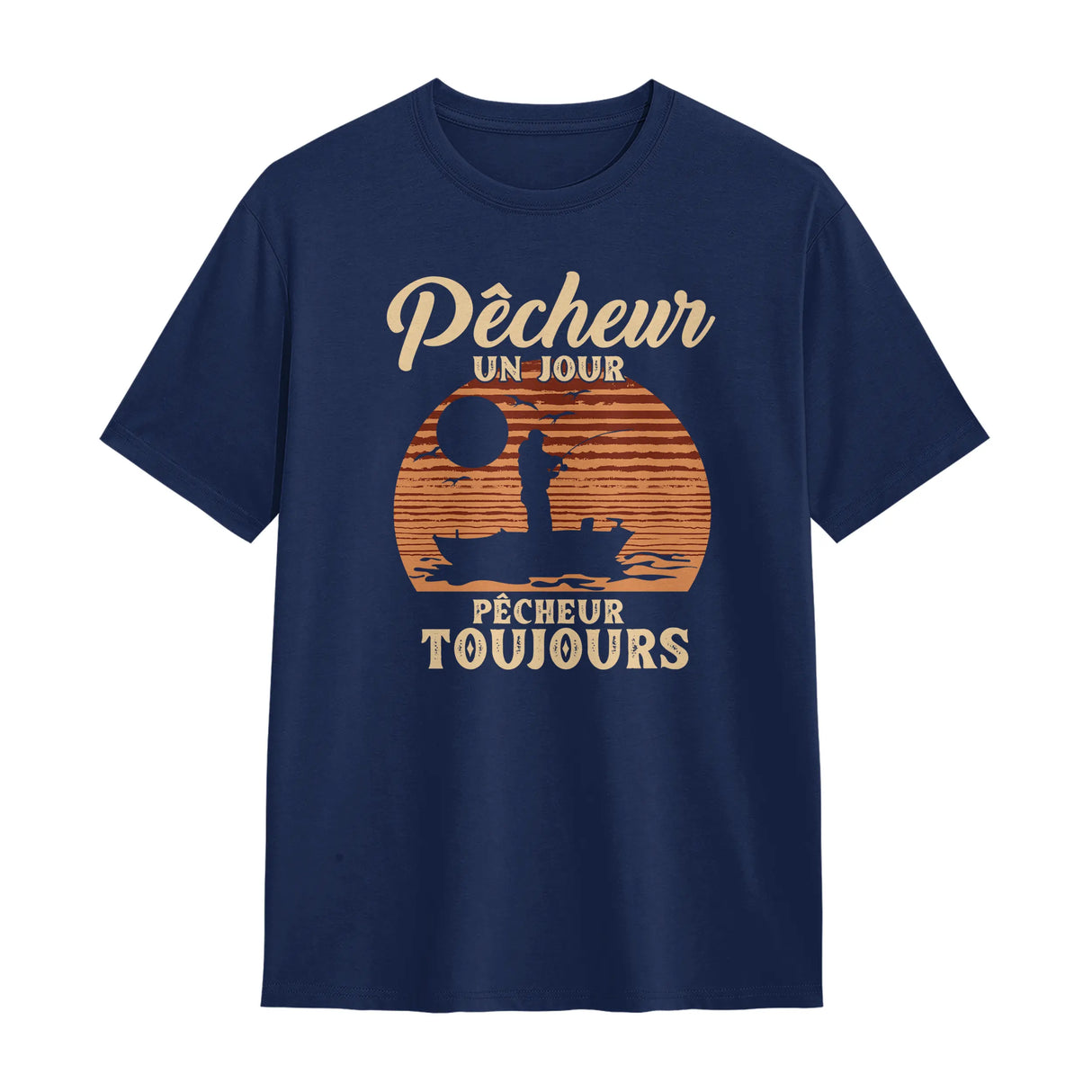 T-shirt pêcheur vintage bleu marine avec design soleil orange couchant et silhouette pêcheur barque