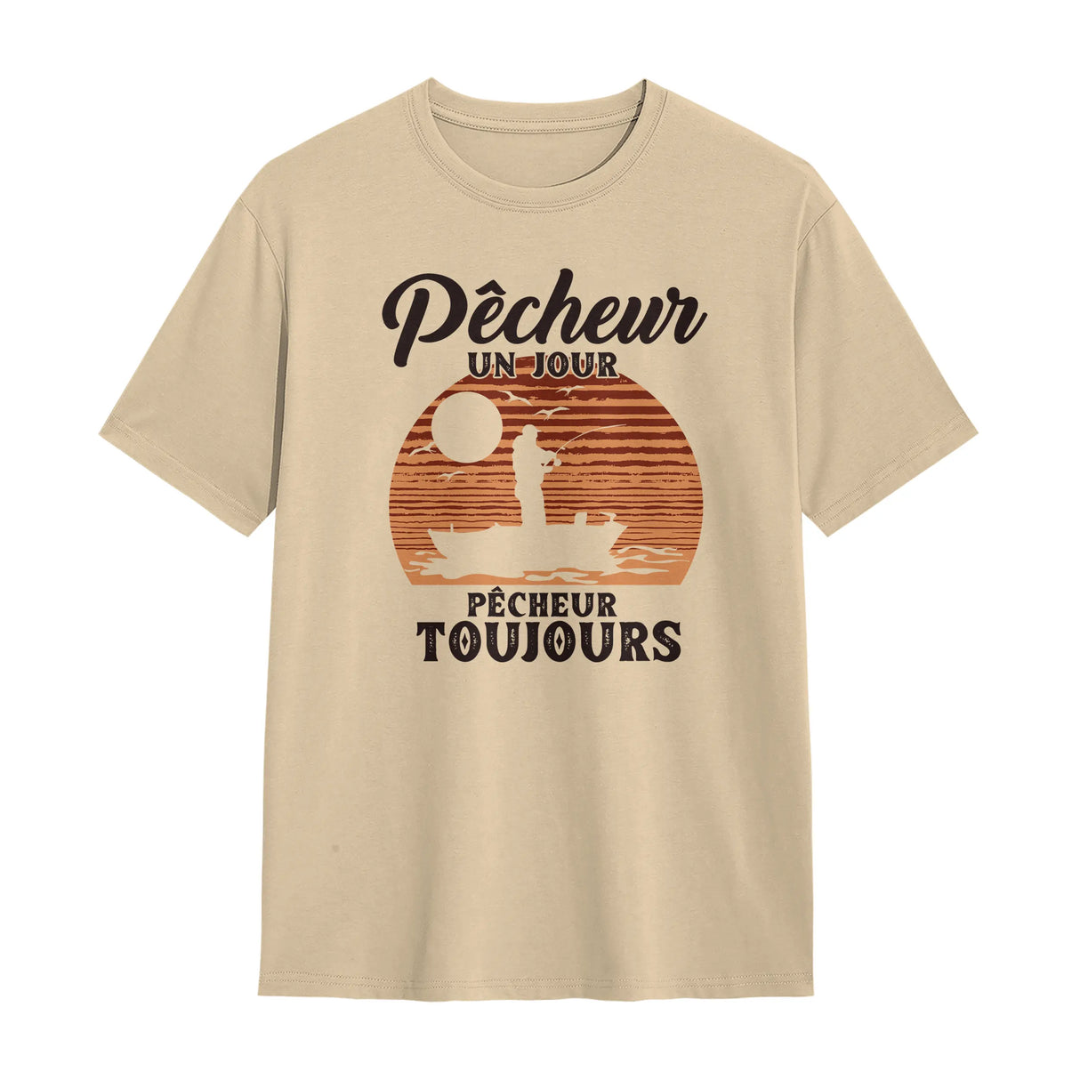 T-shirt pêcheur vintage beige naturel avec slogan Pêcheur Un Jour Toujours et soleil orange