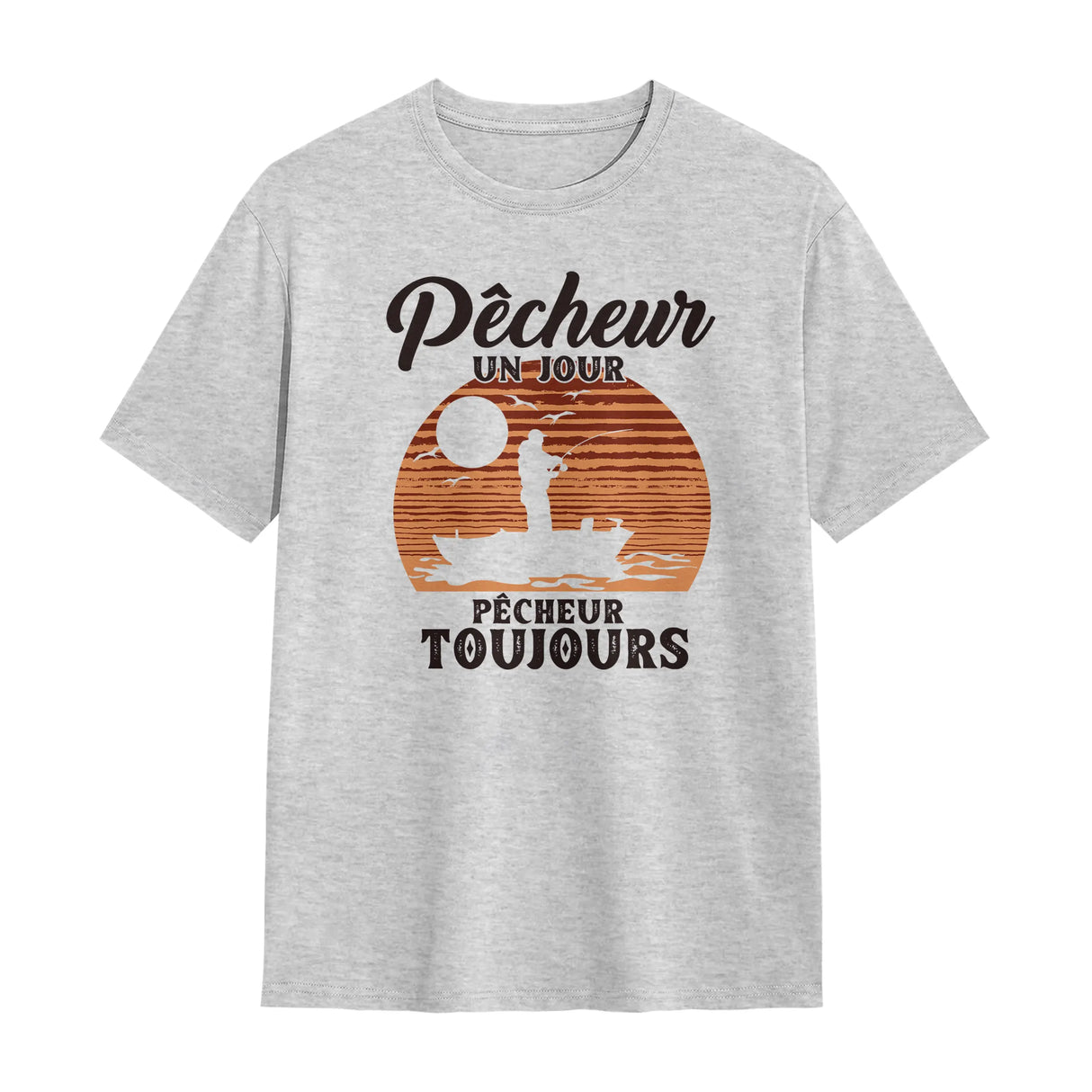 T-shirt pêcheur vintage gris chiné avec slogan Pêcheur Un Jour Toujours et silhouette pêche barque