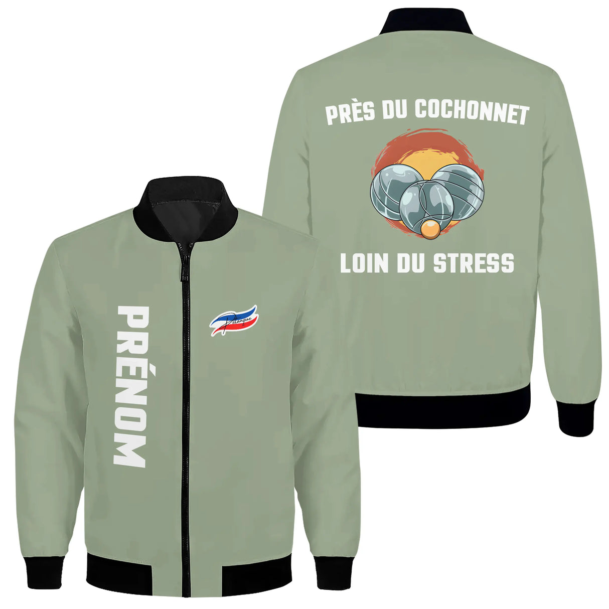 Sweat capuche zippé pétanque vert sapin avec slogan Près du Cochonnet et personnalisation prénom