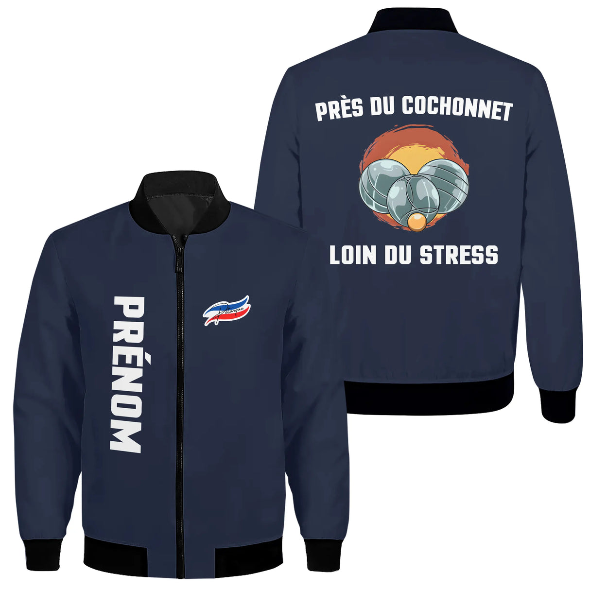 Sweat capuche zippé pétanque bleu marine avec design cochonnet boules et inscription anti-stress