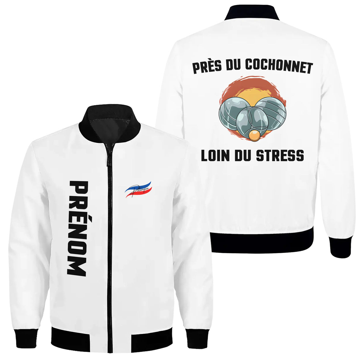 Sweat capuche zippé pétanque blanc cassé avec design cochonnet sur cible orange et inscription
