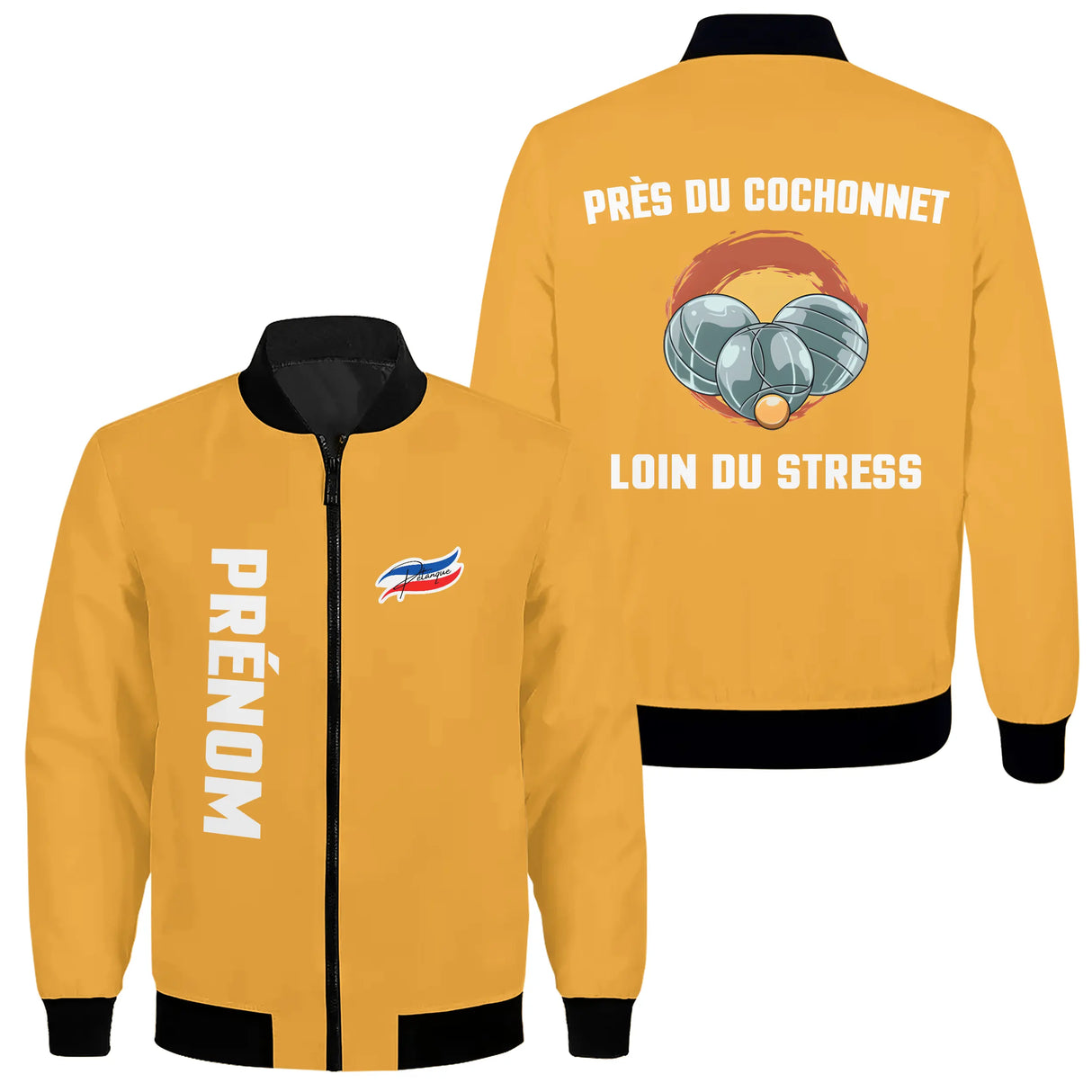 Sweat capuche zippé pétanque jaune solaire avec slogan Loin du Stress et boules brodées