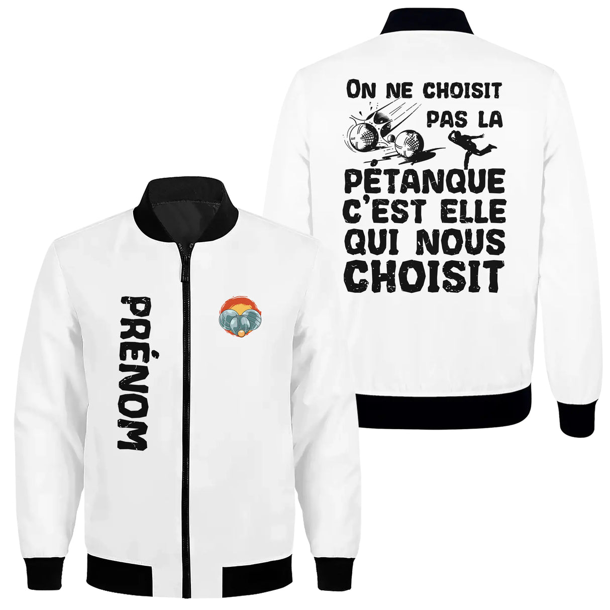 Sweat capuche zippé pétanque blanc cassé avec slogan On Ne Choisit Pas La Pétanque personnalisable
