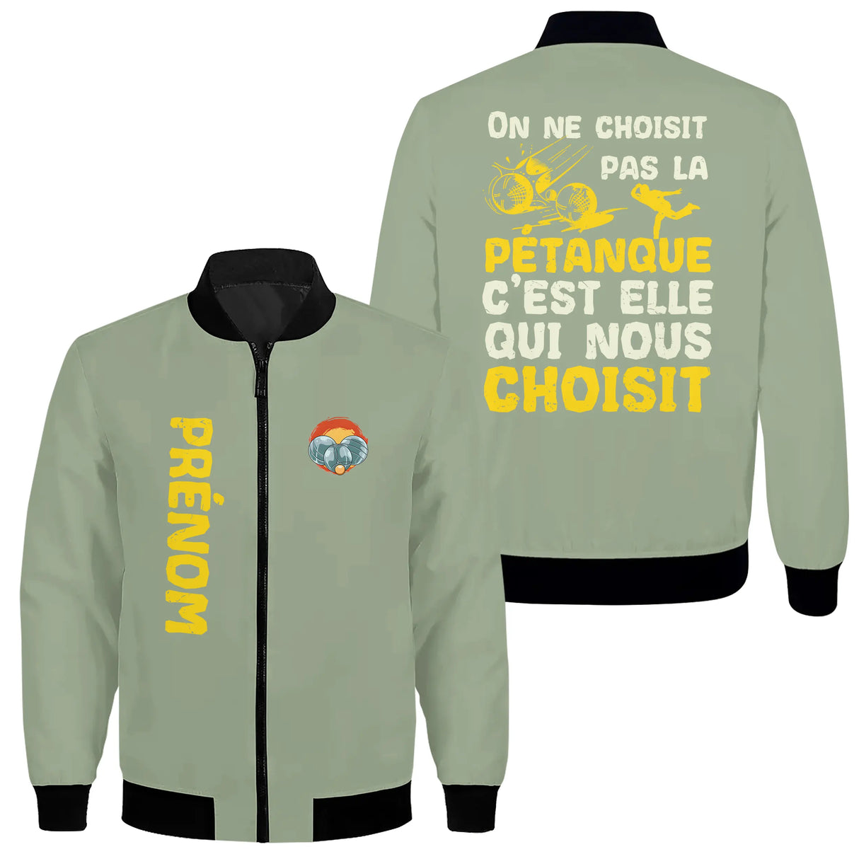 Sweat capuche zippé pétanque vert sapin avec design cochonnet et inscription Elle Qui Nous A Choisit