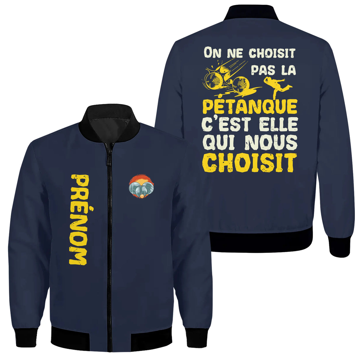 Sweat capuche zippé pétanque bleu marine avec slogan On Ne Choisit Pas La Pétanque et boules jaunes