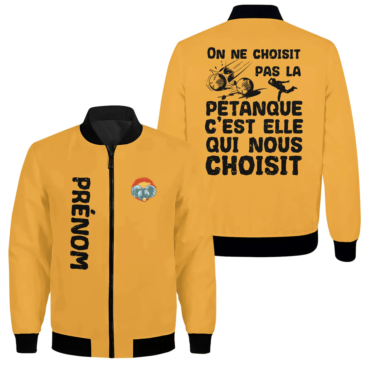Sweat capuche zippé pétanque jaune solaire avec slogan philosophique pétanque et boules brodées