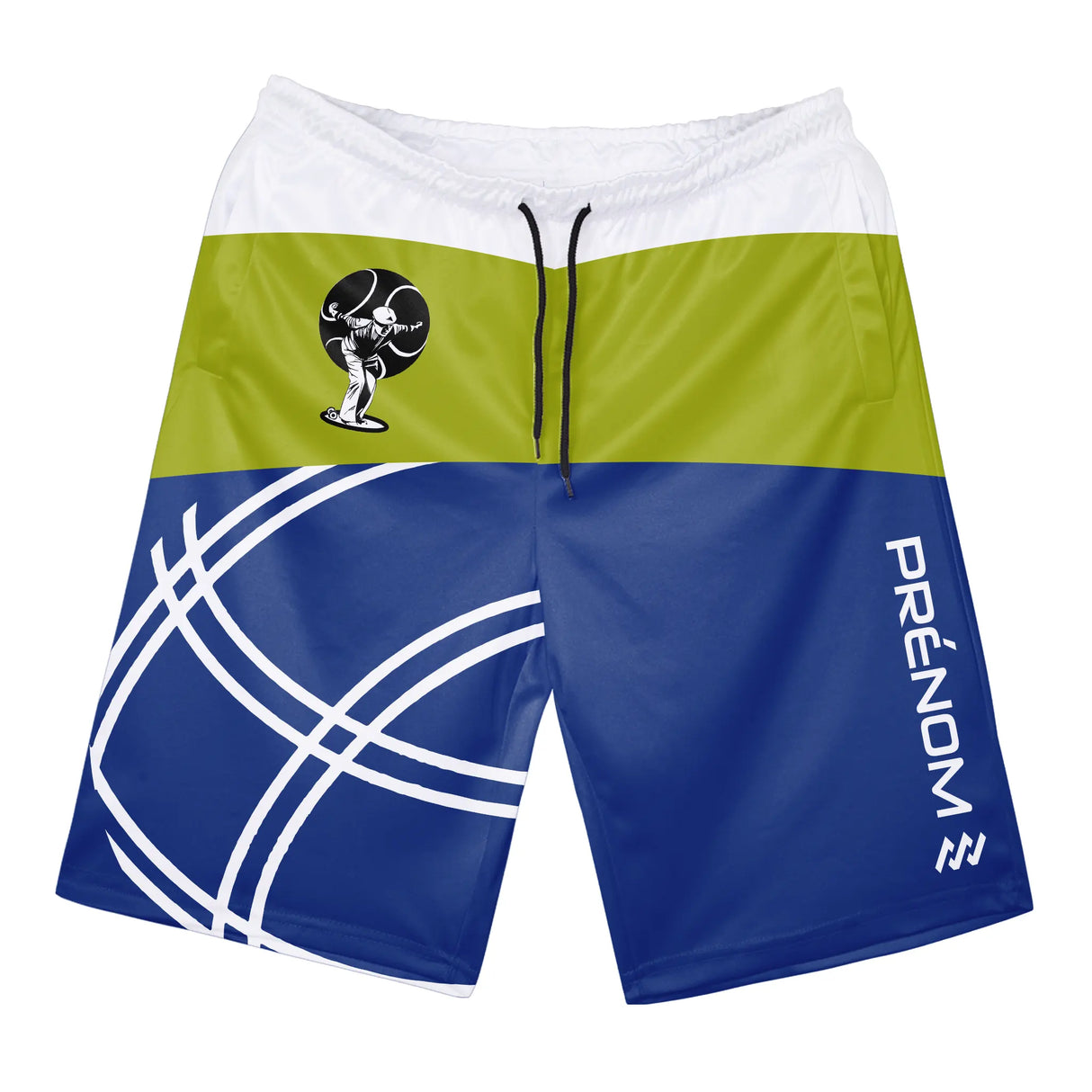 Short pétanque bleu et vert homme avec motif boule et prénom personnalisé sur la jambe