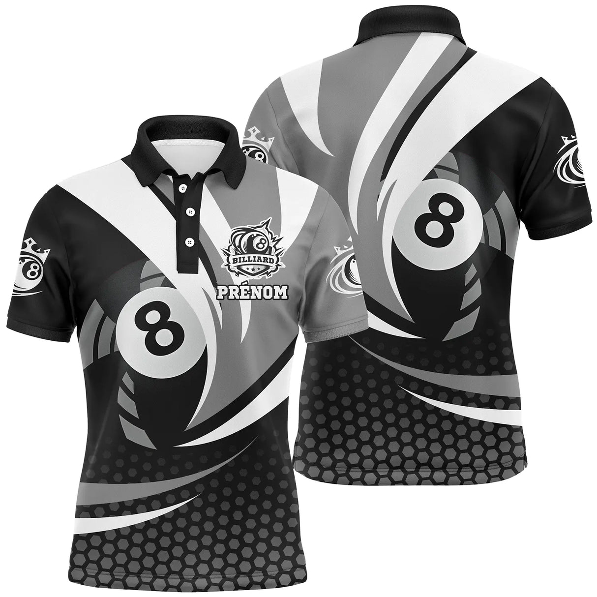 Polo billard noir et blanc homme avec boule 8 élégante centrée et motifs hexagonaux, prénom personnalisé
