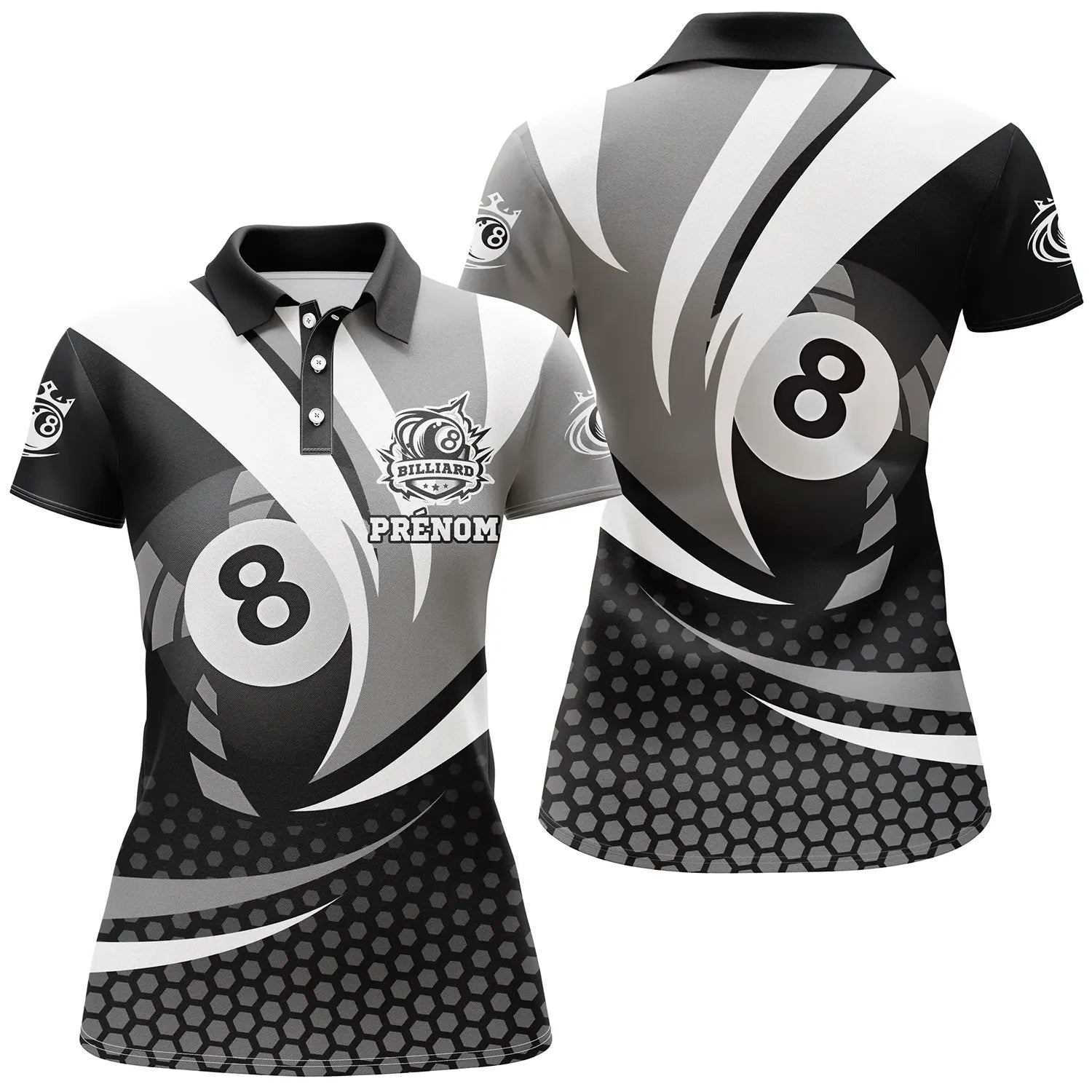 Polo Billard Personnalisé avec Prénom | Motif Élégant Billes de Billard Noir et Blanc | Vêtement Signature pour les Passionnés de Billard - CT01072314 Polo Femme