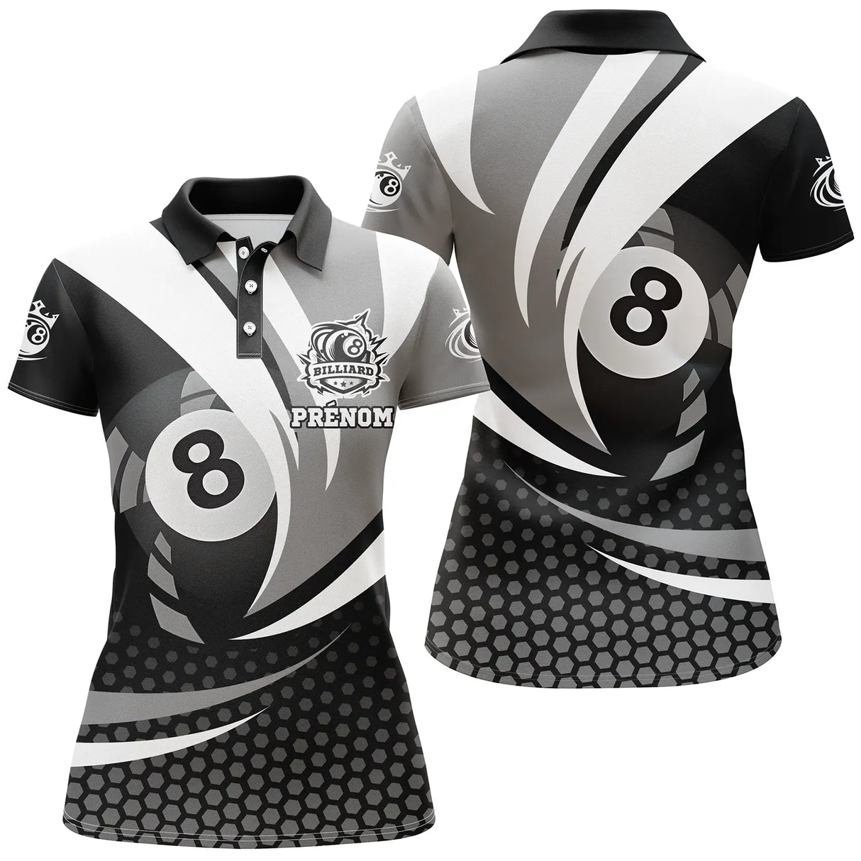 Polo billard noir et blanc femme avec boule de la 8 et hexagones, prénom personnalisé