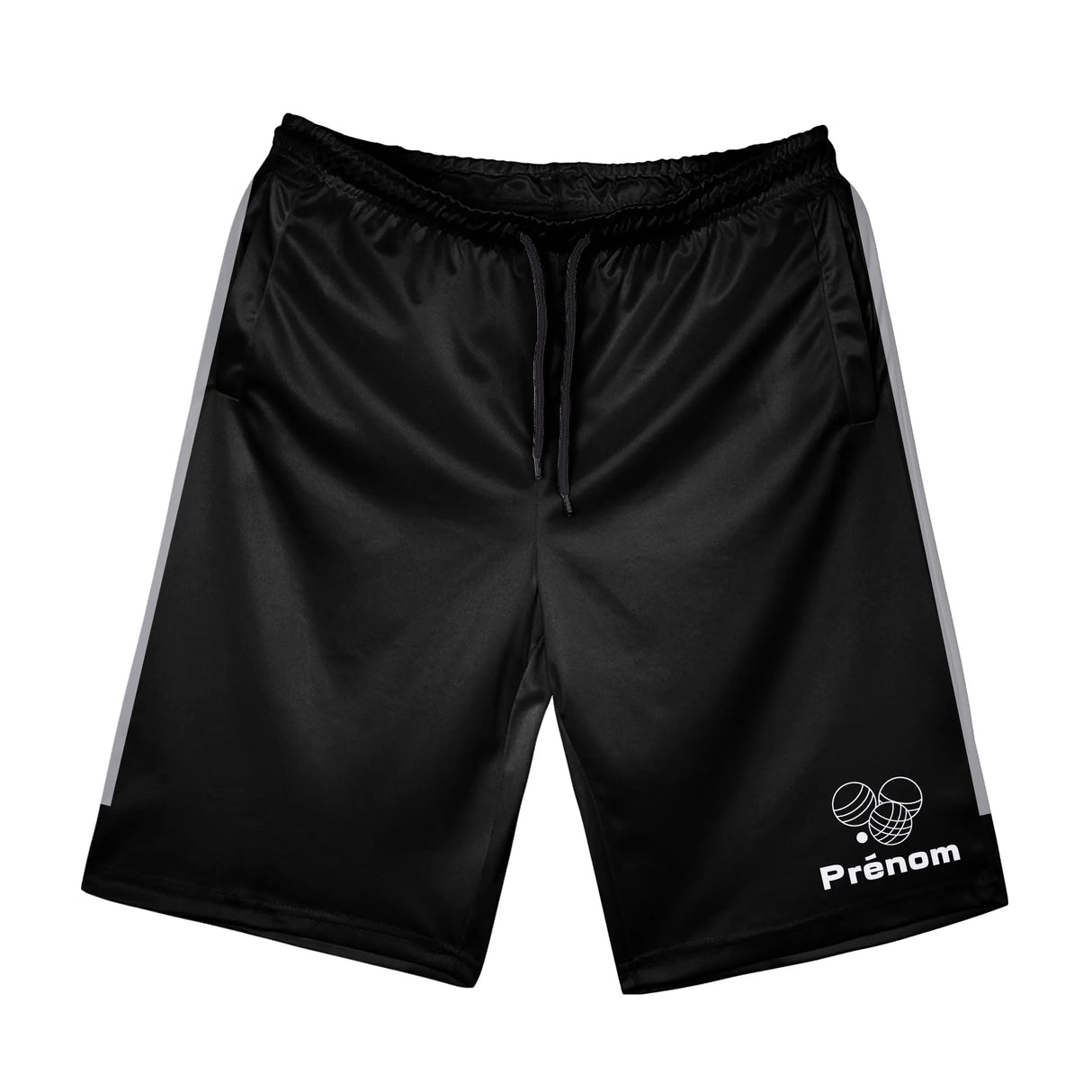 Short pétanque noir et blanc homme avec motif boules pétanque, prénom personnalisé