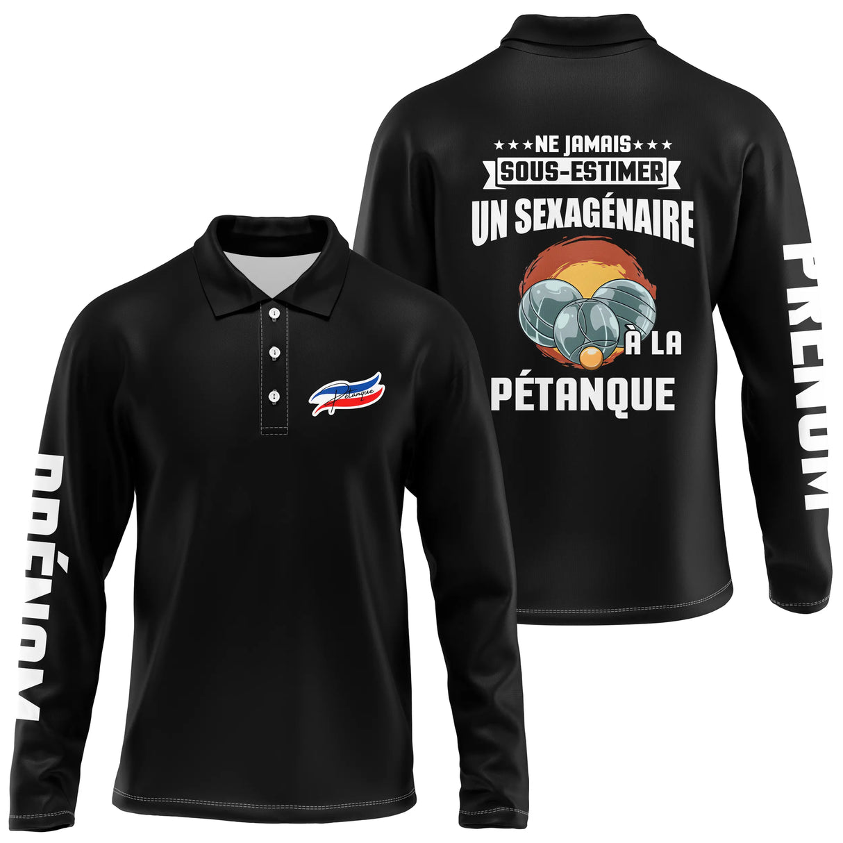 Polo pétanque bleu marine vue dos message ne jamais sous-estimer sexagénaire boules orange