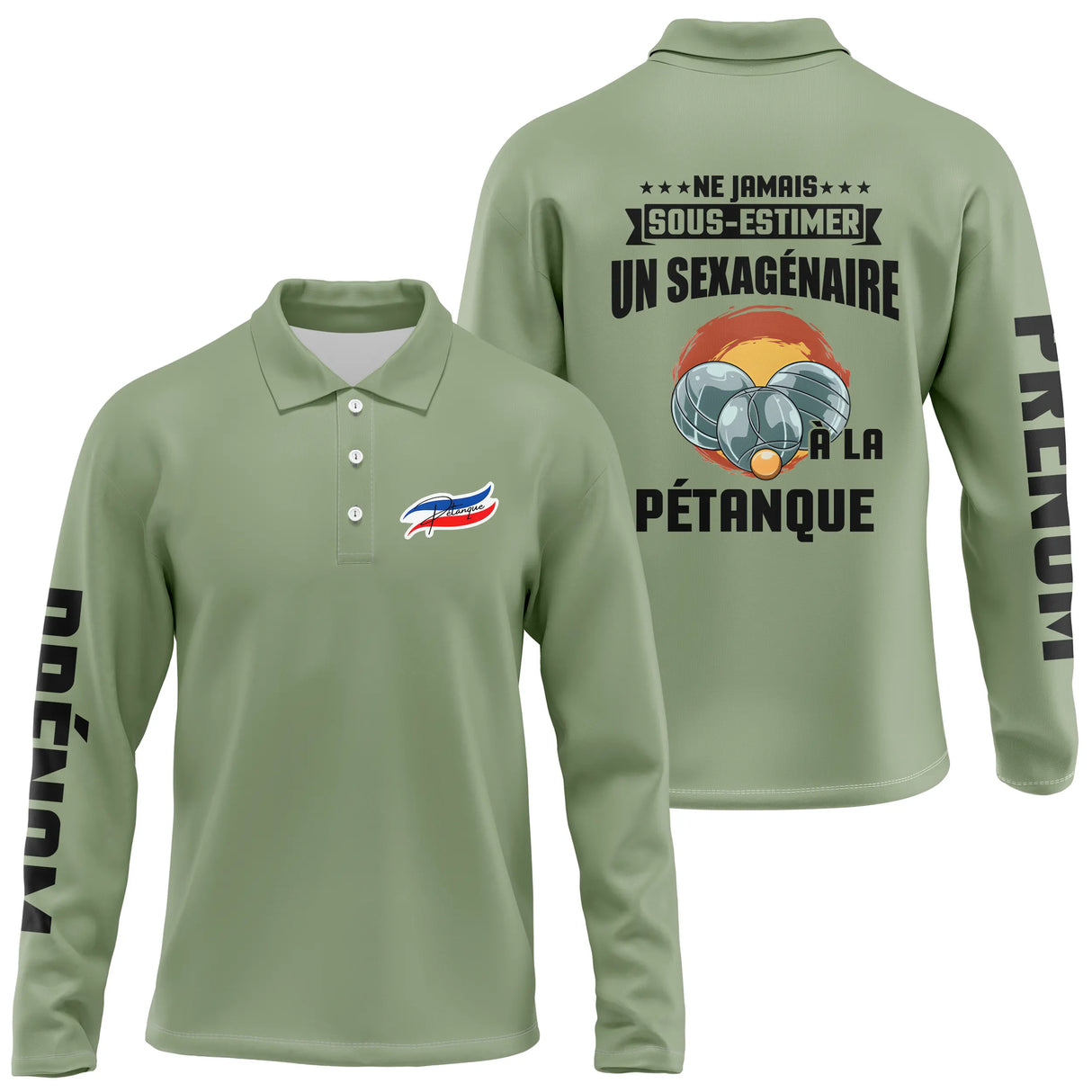 Polo pétanque manches longues bleu marine vue avant col boutonné personnalisé manche droite humour