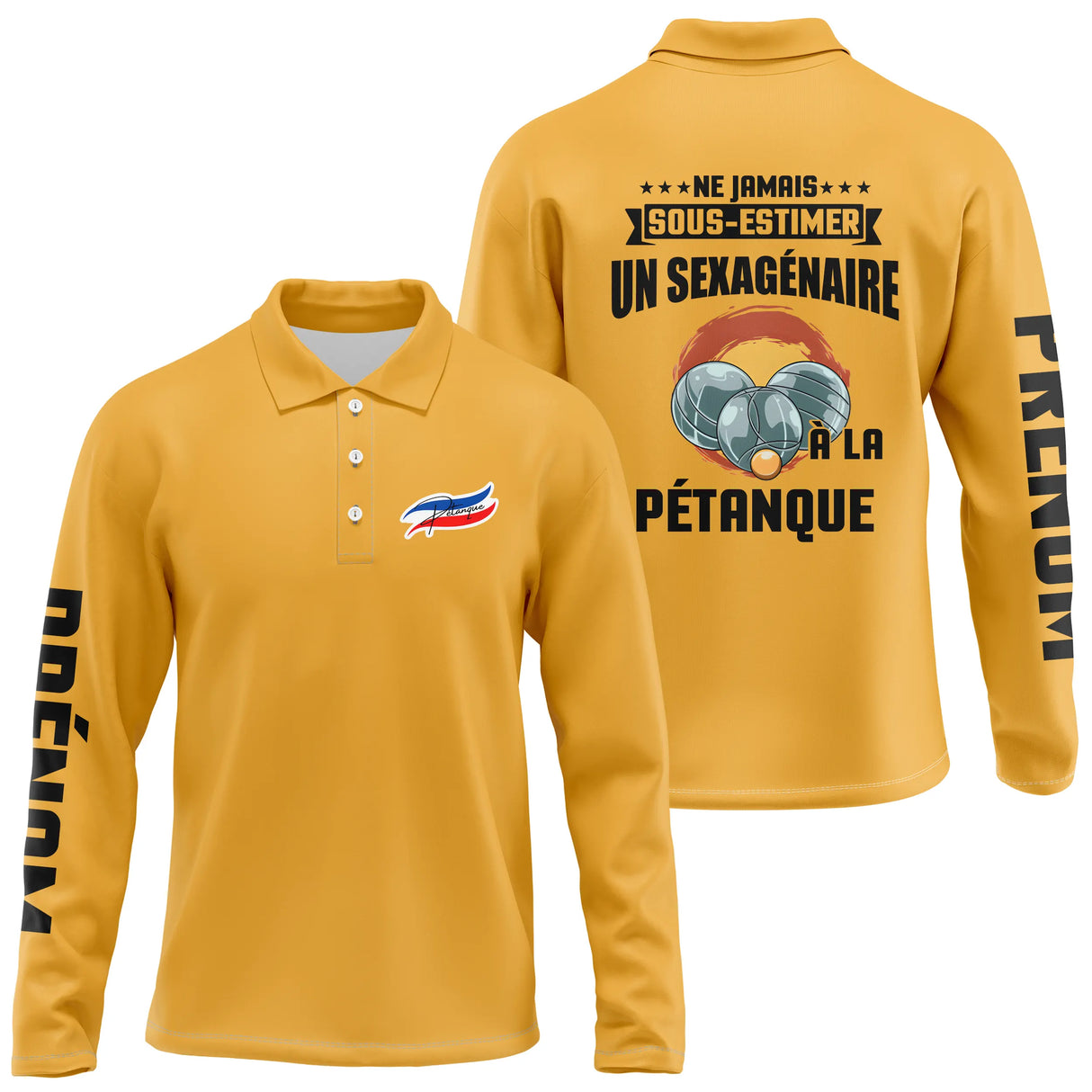 Polo pétanque bleu marine variante coloris bouliste soixantaine message humour sexagénaire