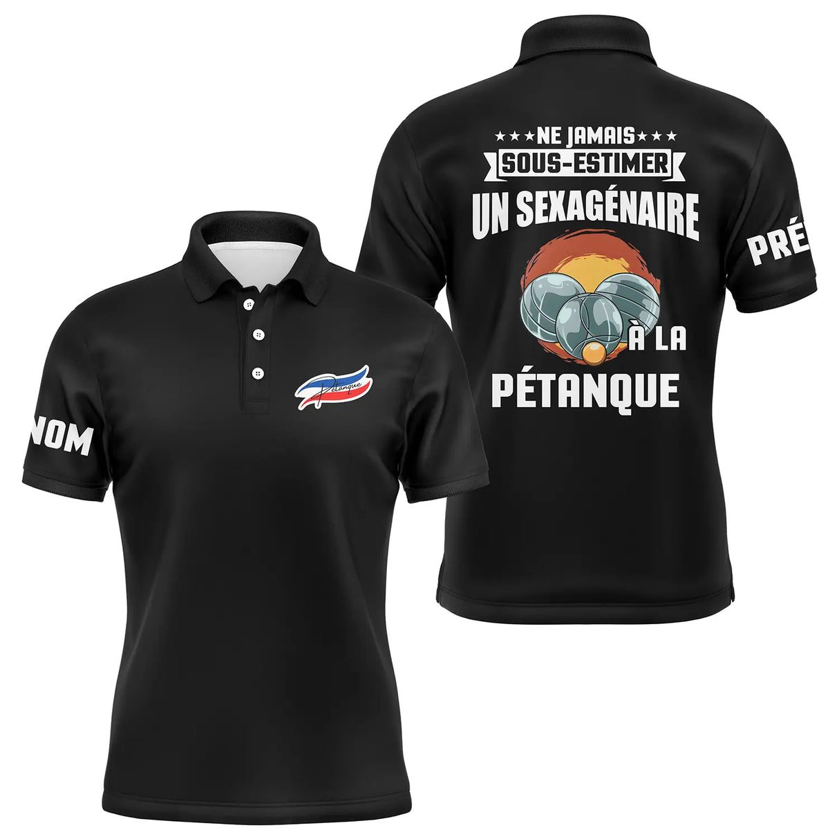 Polo pétanque bleu marine ensemble vue avant arrière design sexagénaire humour bouliste
