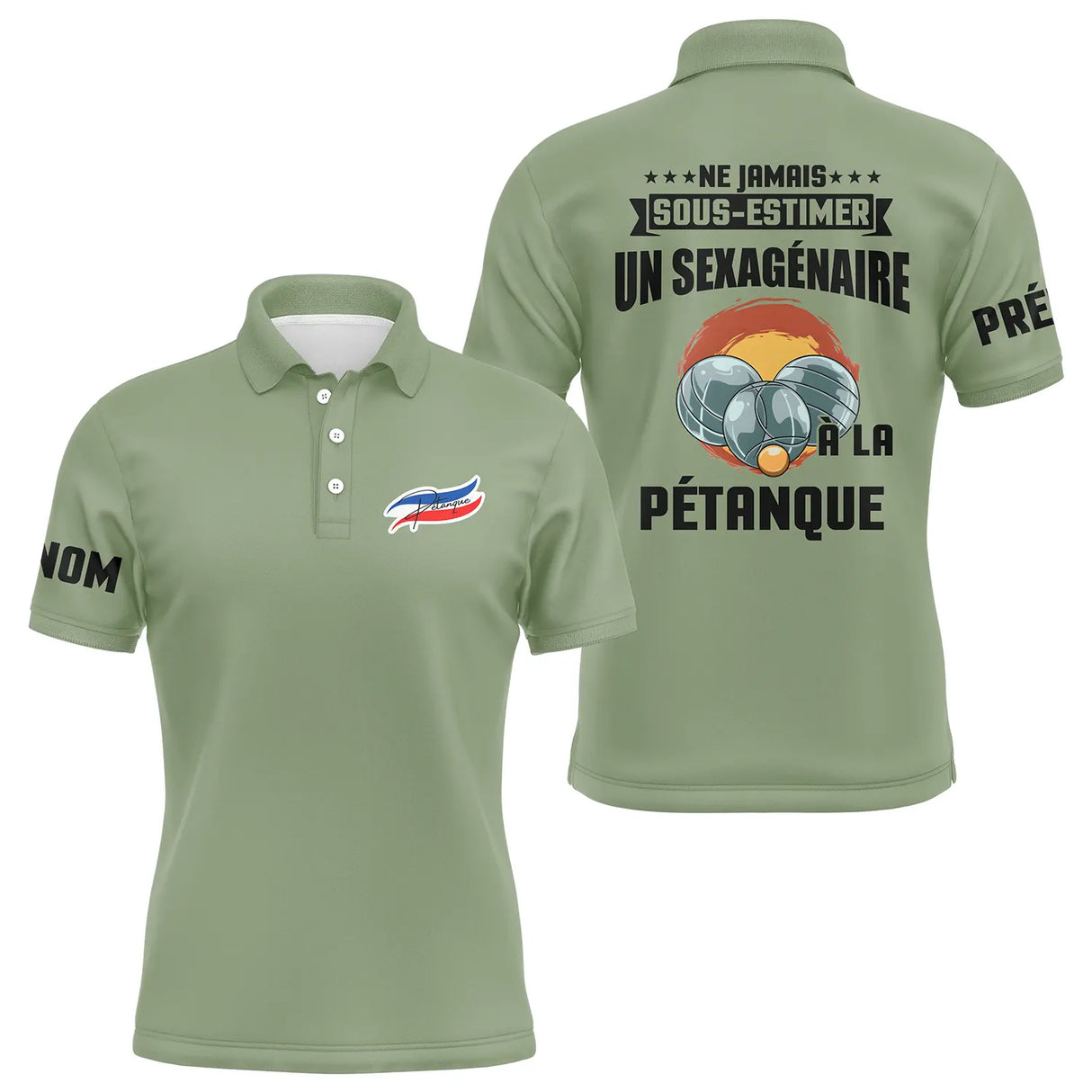 Polo pétanque bleu marine vue trois quarts col boutonné personnalisable manche droite sexagénaire