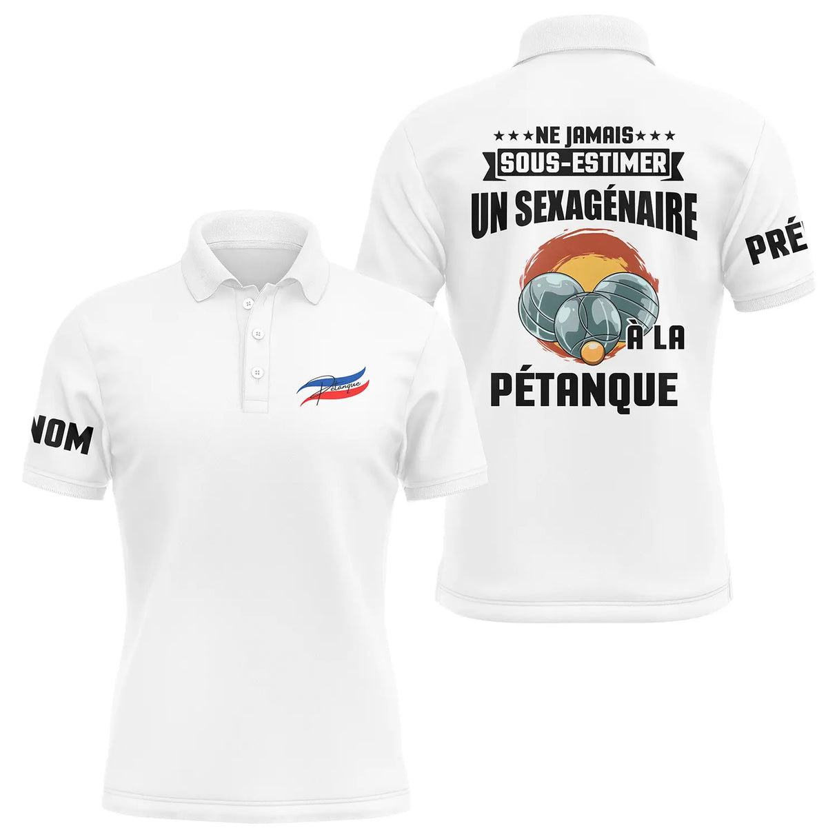 Polo pétanque manches longues bleu marine détail message sexagénaire boules tricolores