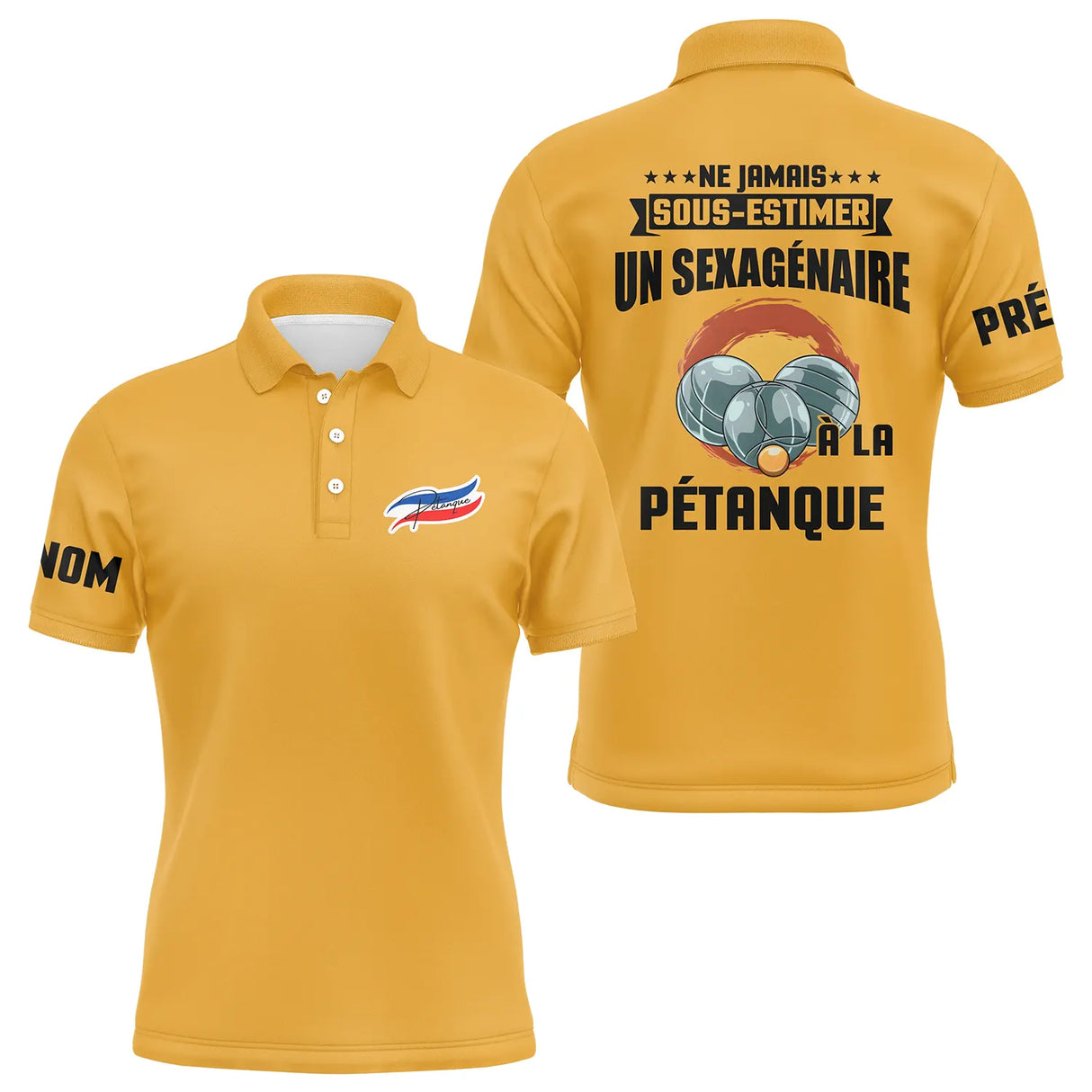 Polo pétanque bleu marine vue manche prénom personnalisé sublimation intégrale bouliste