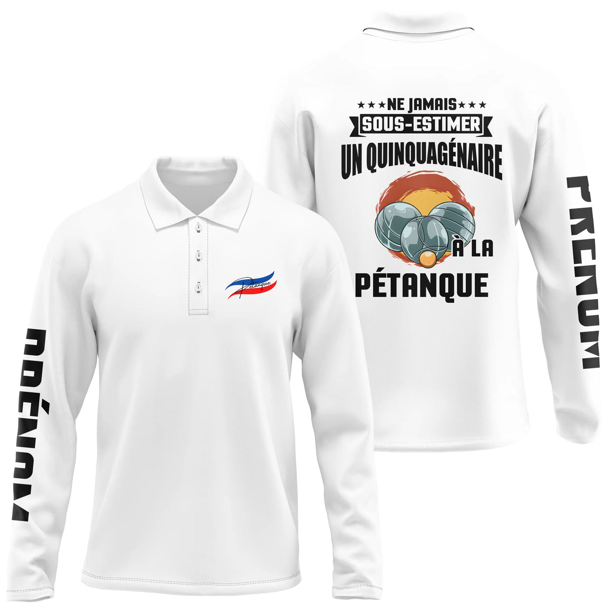 Polo pétanque bleu marine variante coloris bouliste cinquantaine message humour quinquagénaire