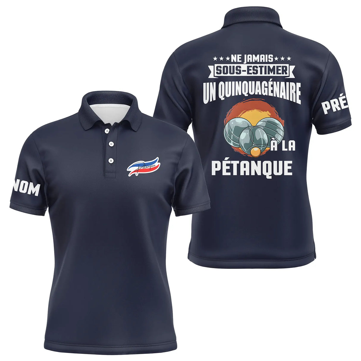 Polo pétanque variante design bouliste cinquantaine coupe ajustée quinquagénaire personnalisable
