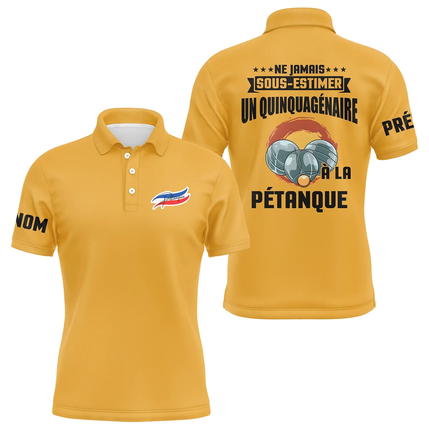 Polo personnalisé 'Ne jamais sous-estimer un quinquagénaire à la pétanque' – Polo Jaune