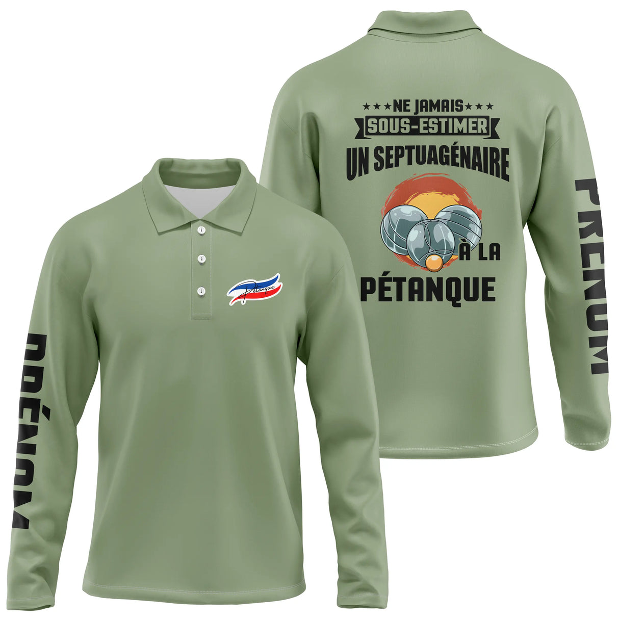 Polo pétanque manches longues noir vue avant col boutonné personnalisé manche droite humour