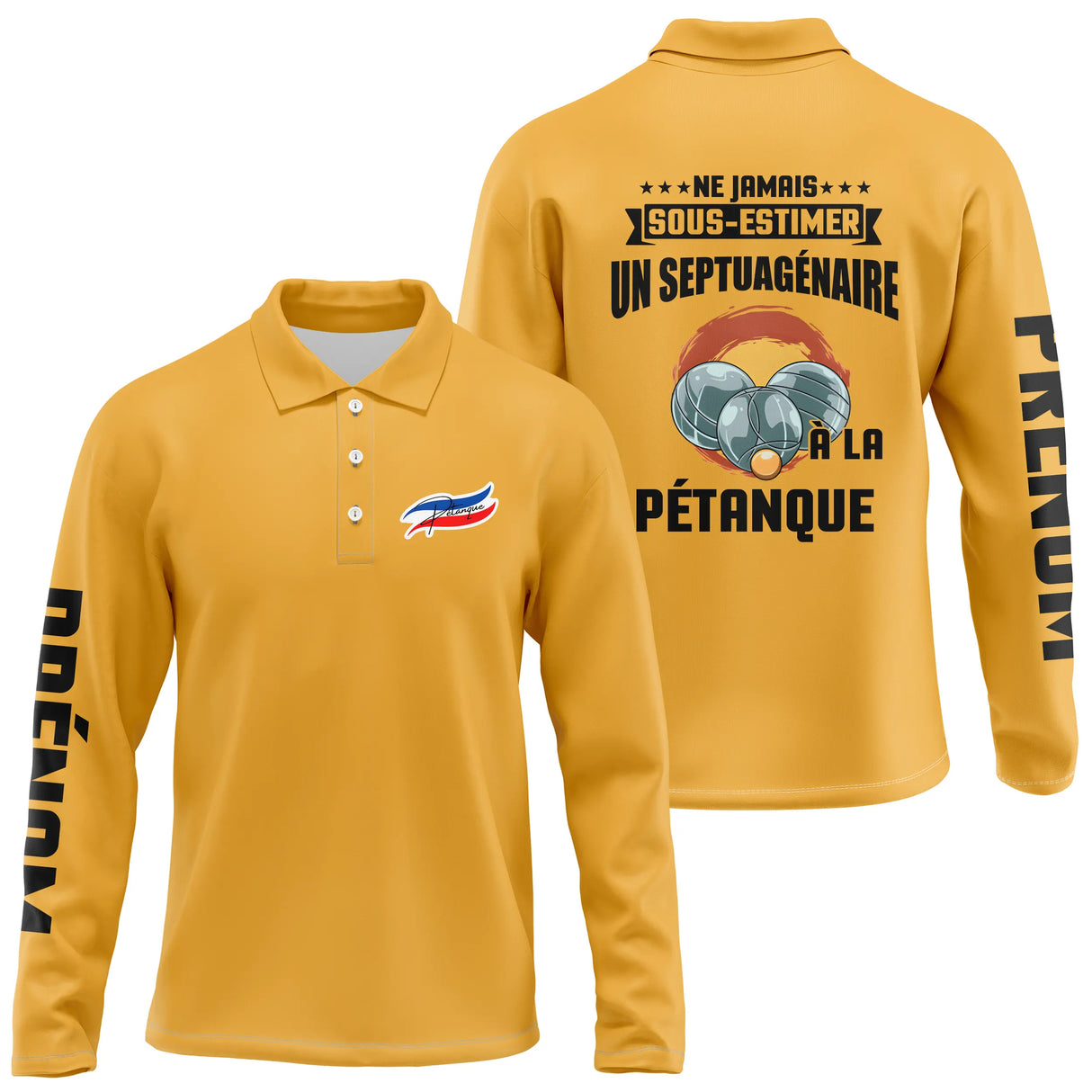 Polo pétanque manches longues design boules photo réaliste soleil orange humour senior septuagénaire