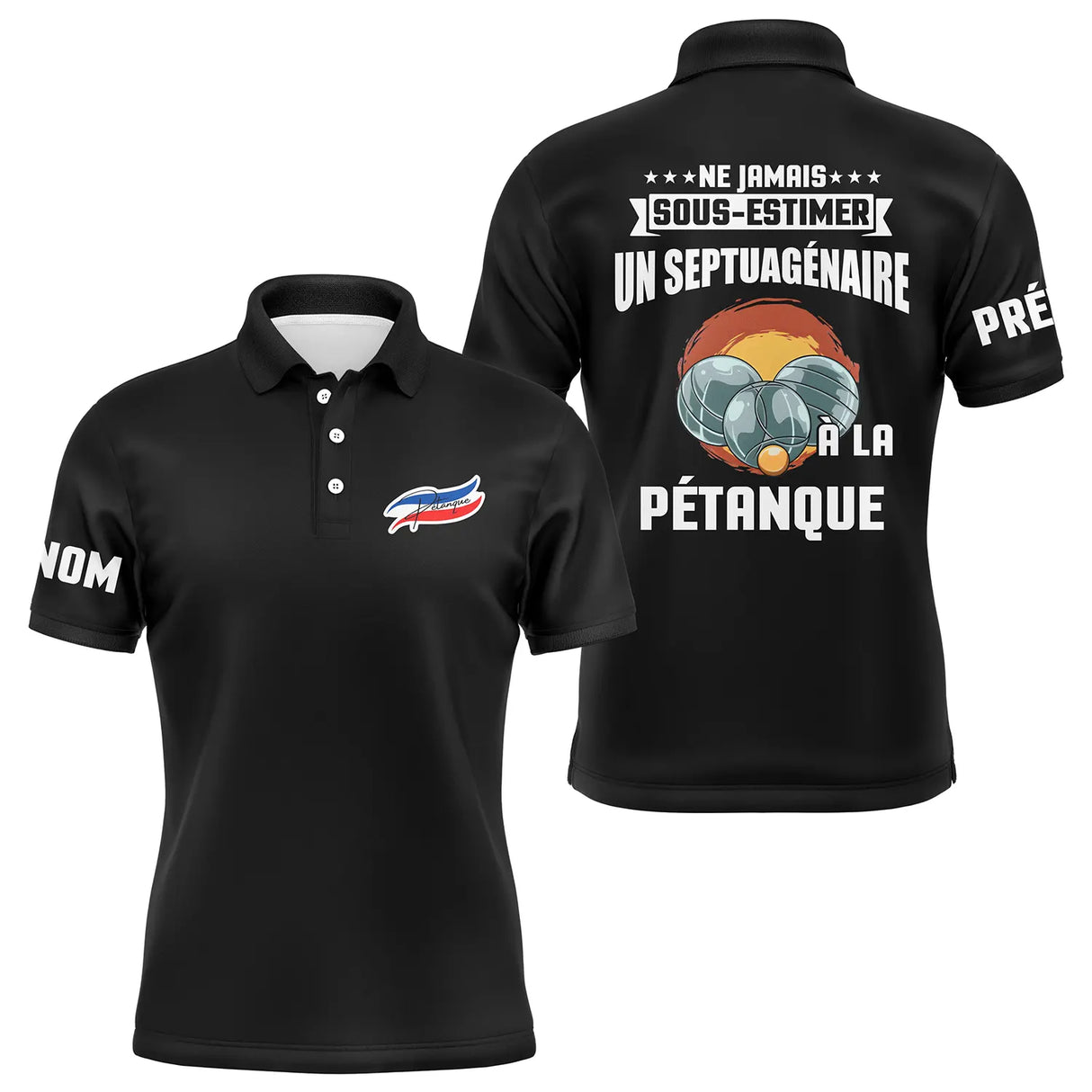 Polo pétanque noir ensemble vue avant arrière design septuagénaire humour bouliste vétéran