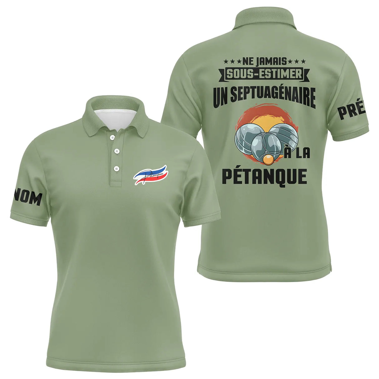 Polo pétanque noir vue trois quarts col boutonné personnalisable manche droite septuagénaire