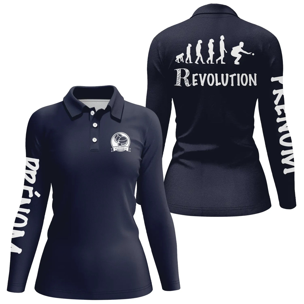 Polo pétanque femme variante design Révolution coupe ajustée boulisteuse originale personnalisable