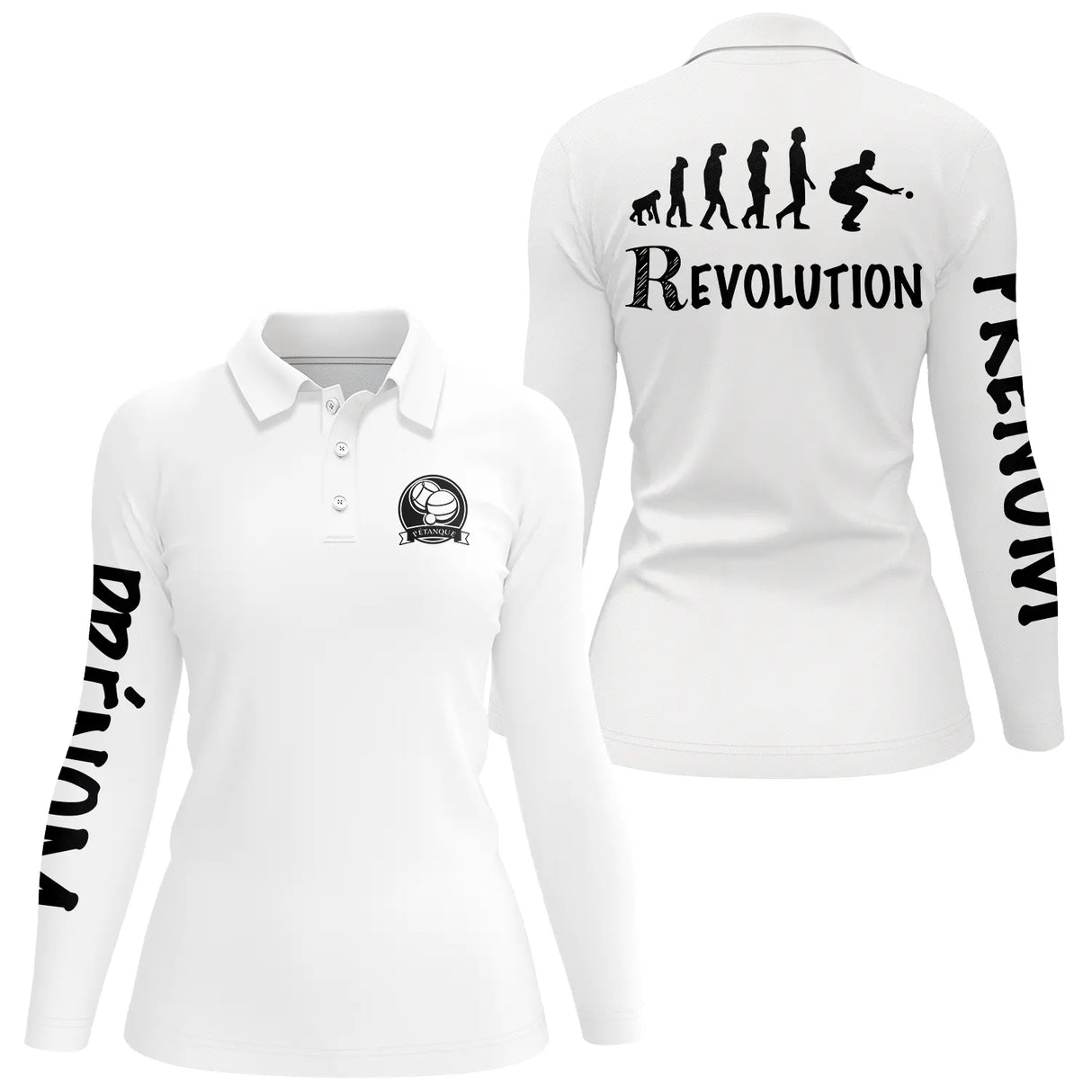 Polo pétanque femme bleu marine détail évolution joueur préhistorique à la bouliste actuelle