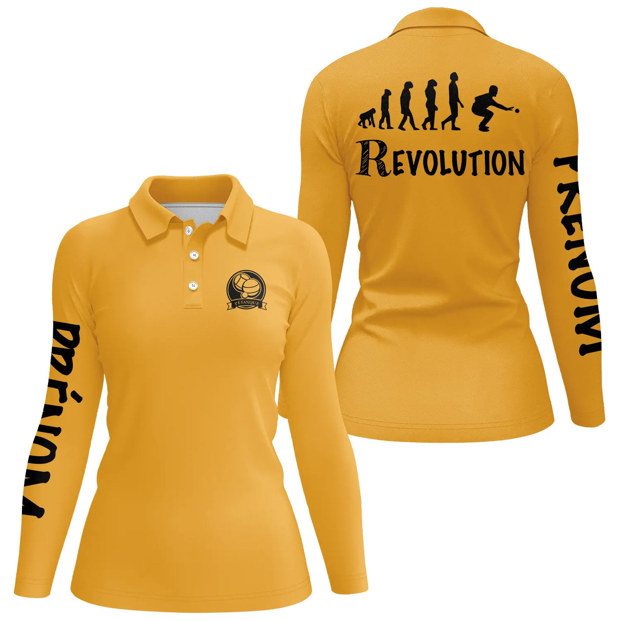 Polo pétanque femme bleu marine vue manche prénom personnalisé sublimation intégrale boulisteuse