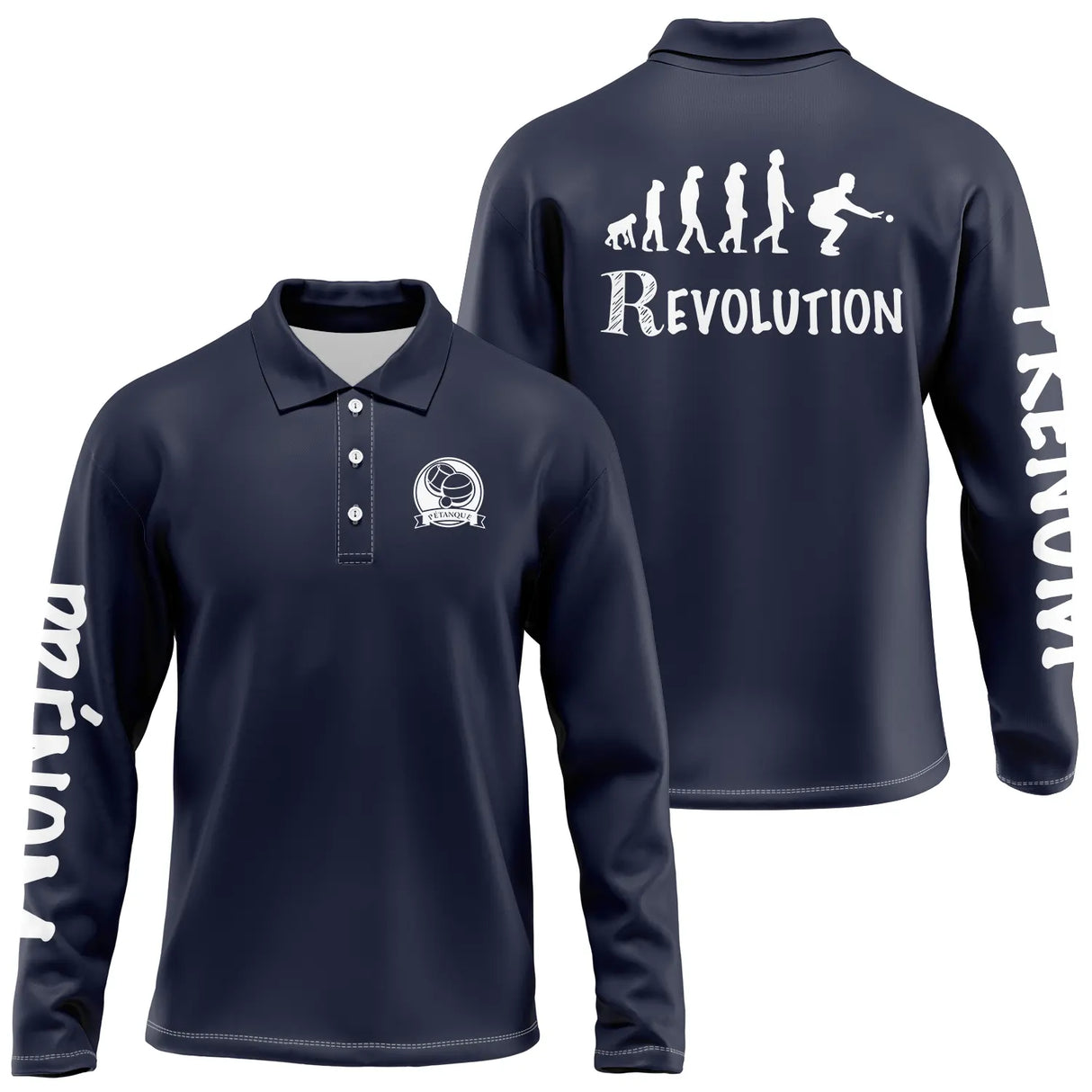 Polo pétanque homme manches longues bleu marine Révolution Pétanque évolution joueur PRÉNOM manche