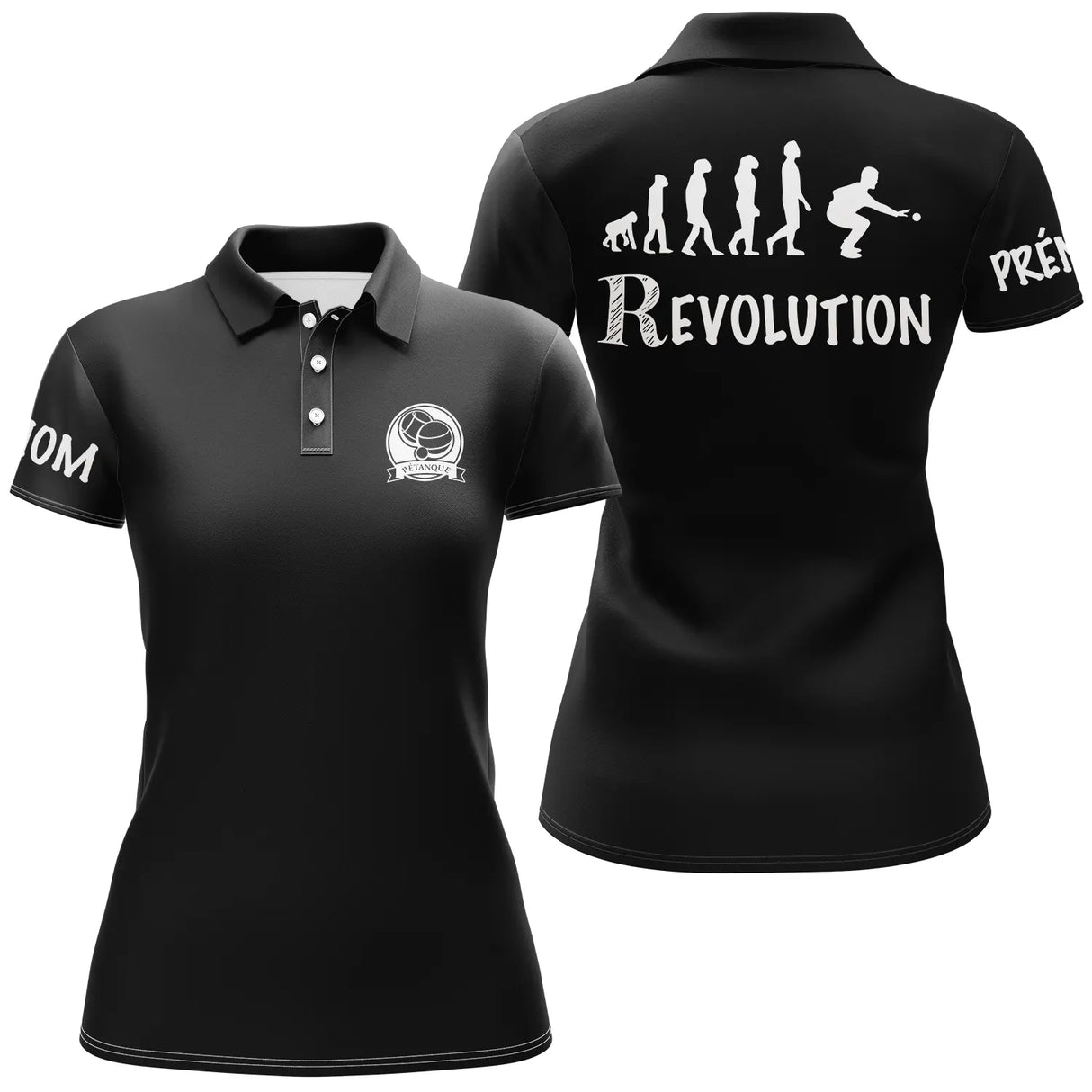 Polo pétanque femme bleu marine vue dos illustration évolution préhistorique à la bouliste moderne