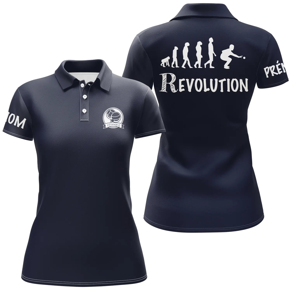 Polo pétanque femme manches courtes bleu marine Révolution Pétanque évolution joueur PRÉNOM manche