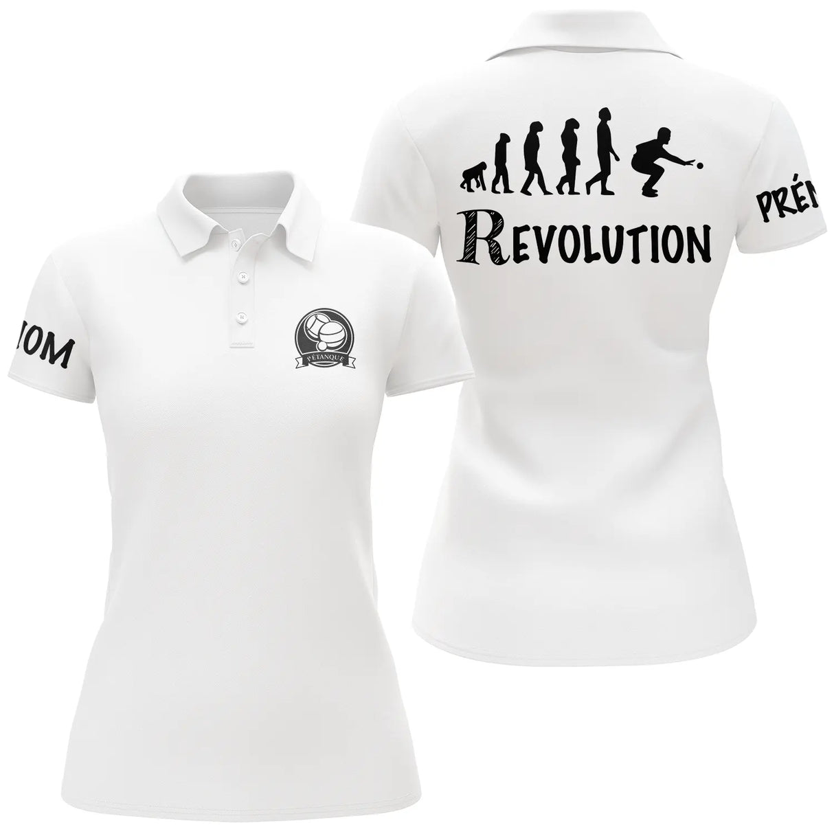 Polo pétanque femme manches courtes design Révolution évolution joueuse préhistorique moderne