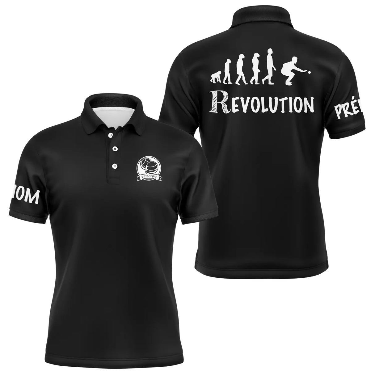 Polo pétanque homme bleu marine ensemble vue avant arrière design Révolution humour bouliste