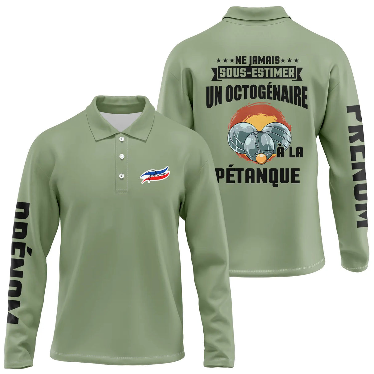 Polo pétanque homme manches longues bleu marine vue avant col boutonné personnalisé manche droite
